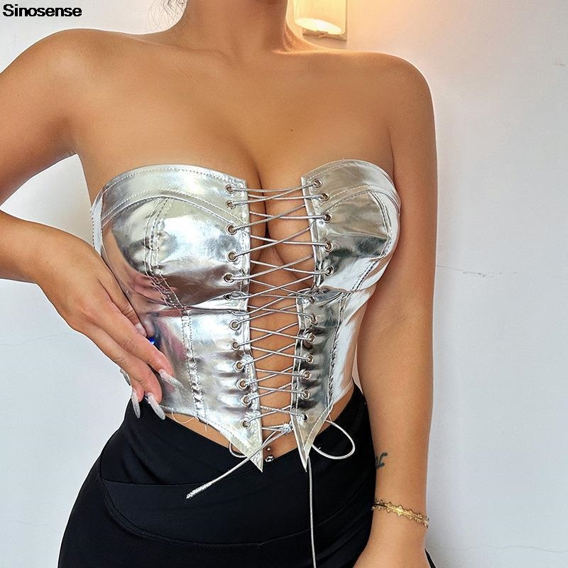 Women PU Leather Bustier Crop  - Strapless Bra Backless ulasan dan harga