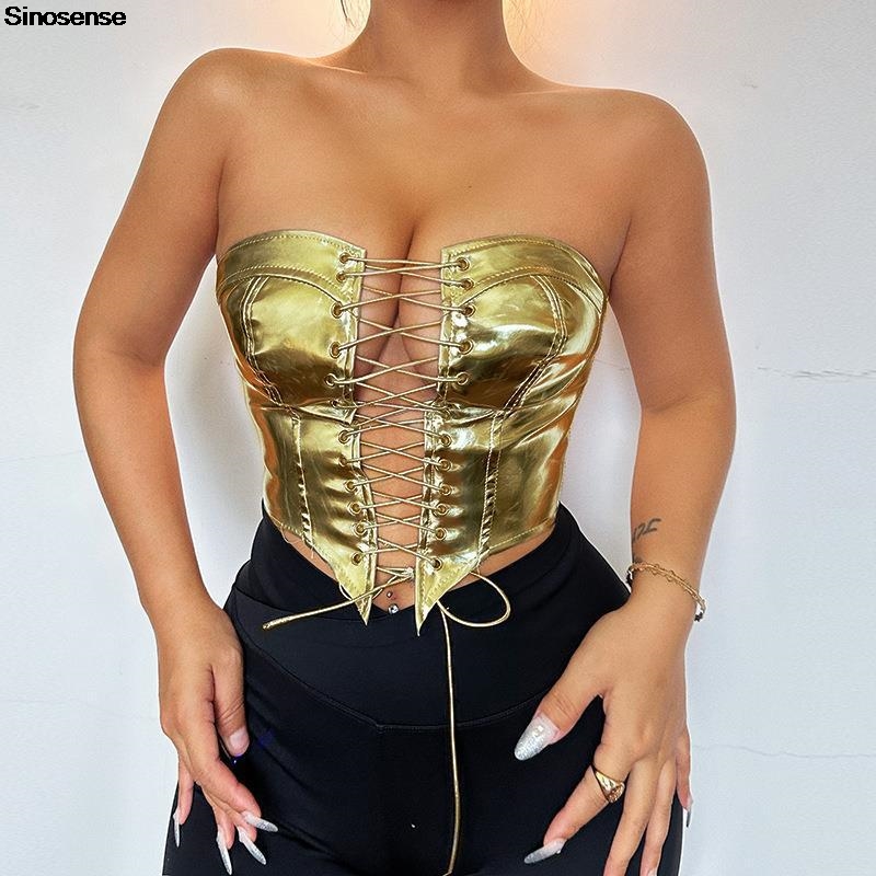 Women PU Leather Bustier Crop  - Strapless Bra Backless ulasan dan harga